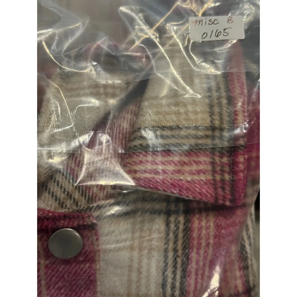 Umgee Plaid Denim Mixed Media Fringe Shacket Pink Brown K6246 Mens M